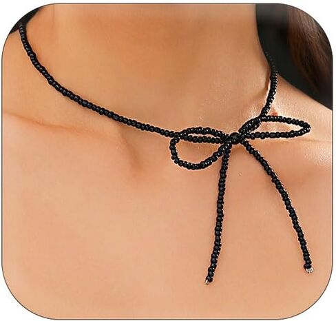 Sweet Cool Bow Earrings Bracelet Necklace Imitation Pearl Seed Beaded Bow Knot Collar Tie Necklace Simple Gothic Jewelry Set for Women in Kuwait