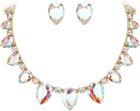 Flyonce Pear Shape Rhinestone Choker Necklace with Stud Earrings, Sparkly Crystal Wedding Party Costume Statement Jewelry Sets for Women in Saudi Arabia
