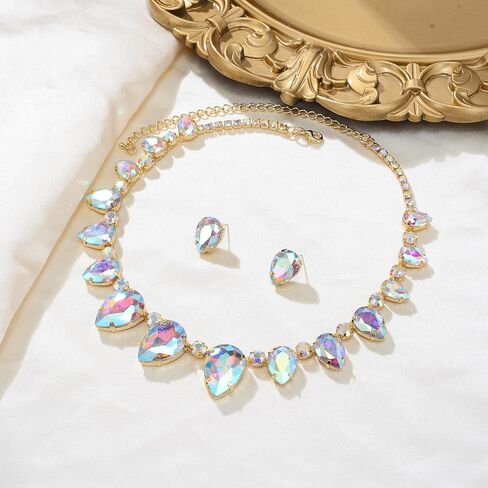 Flyonce Pear Shape Rhinestone Choker Necklace with Stud Earrings, Sparkly Crystal Wedding Party Costume Statement Jewelry Sets for Women in Saudi Arabia