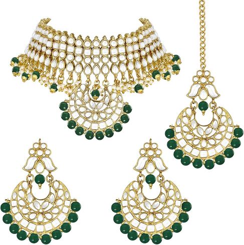 Aheli Faux Pearl Faux Kundan Choker Necklace with Earrings Indian Traditional Bollywood Jewelry Set Gift for Women in Kuwait