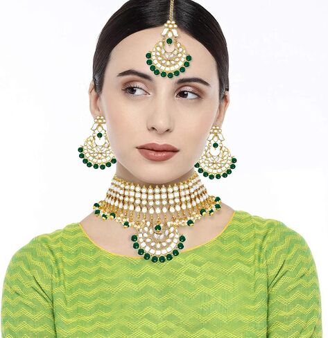 Aheli Faux Pearl Faux Kundan Choker Necklace with Earrings Indian Traditional Bollywood Jewelry Set Gift for Women in Kuwait