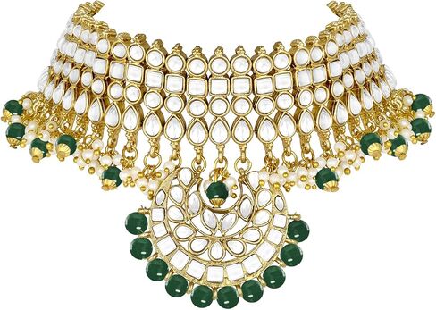 Aheli Faux Pearl Faux Kundan Choker Necklace with Earrings Indian Traditional Bollywood Jewelry Set Gift for Women in Kuwait