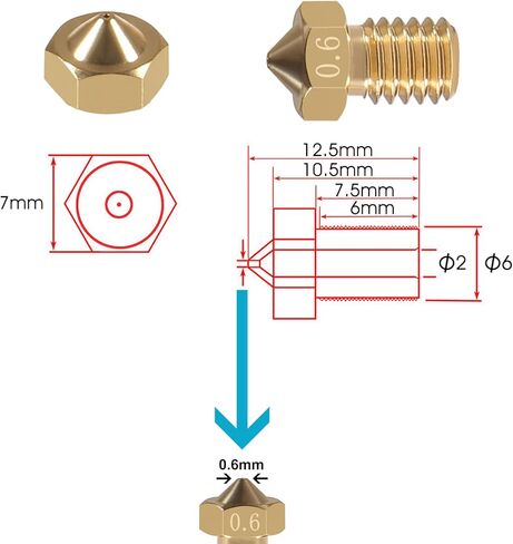 UMLIFE 30PCS M6 0.5mm Extruder Nozzles 3D Printer Brass Nozzles Brass Nozzle Extruder Print Head for 1.75mm Filament for E3D V5 V6 3D Printer in Kuwait