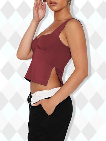 FLORENCE IISA Women's Sleeveless Slim Fit Crop Tank Top Sexy Pleated Bustier Low Cut Neck Backless Strappy Slits Cropped Tank in Saudi Arabia