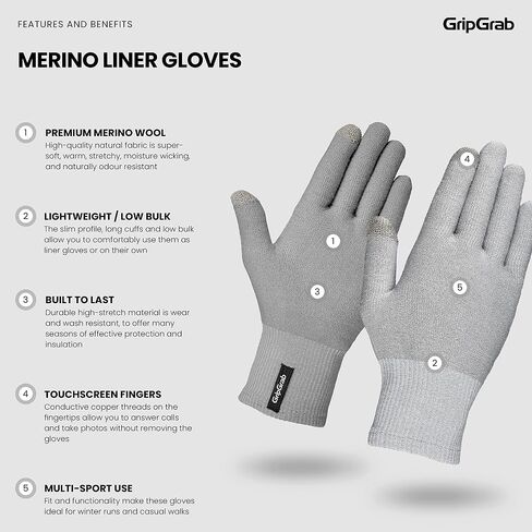 GripGrab Merino-Wool Thermal Full Finger Liner Gloves Touchscreen-Compatible Knitted Inner Under Cycling Everyday-Life in Saudi Arabia