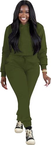 TOPSRANI ملابس نسائية مكونة من قطعتين بدلة رياضية ضيقة مع قلنسوة سادة للركض وراكبي الدراجات النارية وأكمام طويلة أطقم بناطيل أخضر M in Kuwait