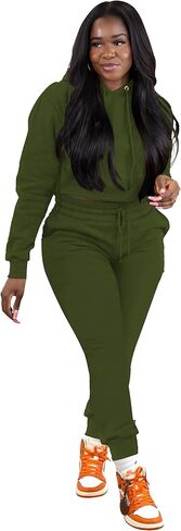 TOPSRANI ملابس نسائية مكونة من قطعتين بدلة رياضية ضيقة مع قلنسوة سادة للركض وراكبي الدراجات النارية وأكمام طويلة أطقم بناطيل أخضر M in Kuwait