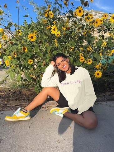 VILOVE Happy Birthday Sweatshirt For Women Born To Yap Sweatshirt Embroidered Birthday Celebrant Long Sleeve Tops in Saudi Arabia