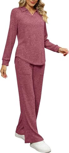 WIHOLL 2 Piece Sets for Women Loungewear Wide Leg Pants Sweatsuits Collar V Neck Pajama Matching Sets in Saudi Arabia