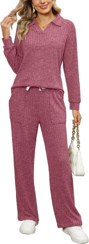 WIHOLL 2 Piece Sets for Women Loungewear Wide Leg Pants Sweatsuits Collar V Neck Pajama Matching Sets in Saudi Arabia
