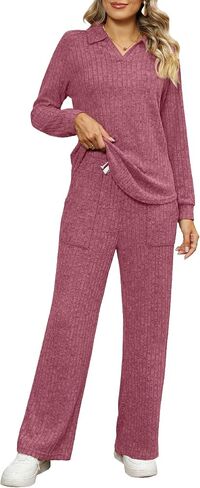 WIHOLL 2 Piece Sets for Women Loungewear Wide Leg Pants Sweatsuits Collar V Neck Pajama Matching Sets in Saudi Arabia