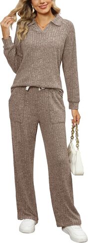 WIHOLL 2 Piece Sets for Women Loungewear Wide Leg Pants Sweatsuits Collar V Neck Pajama Matching Sets in Saudi Arabia