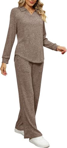 WIHOLL 2 Piece Sets for Women Loungewear Wide Leg Pants Sweatsuits Collar V Neck Pajama Matching Sets in Saudi Arabia