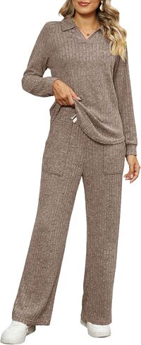 WIHOLL 2 Piece Sets for Women Loungewear Wide Leg Pants Sweatsuits Collar V Neck Pajama Matching Sets in Saudi Arabia