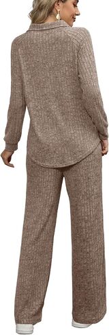 WIHOLL 2 Piece Sets for Women Loungewear Wide Leg Pants Sweatsuits Collar V Neck Pajama Matching Sets in Saudi Arabia