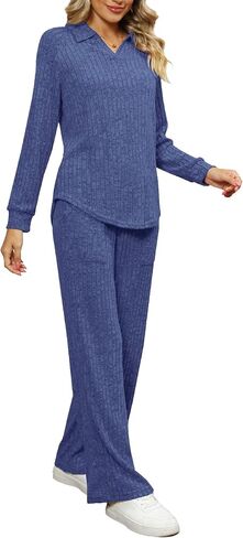 WIHOLL 2 Piece Sets for Women Loungewear Wide Leg Pants Sweatsuits Collar V Neck Pajama Matching Sets in Saudi Arabia