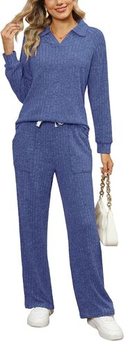 WIHOLL 2 Piece Sets for Women Loungewear Wide Leg Pants Sweatsuits Collar V Neck Pajama Matching Sets in Saudi Arabia