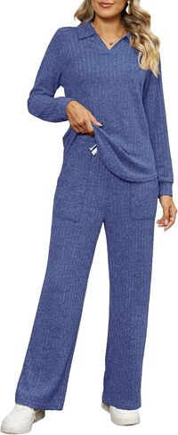 WIHOLL 2 Piece Sets for Women Loungewear Wide Leg Pants Sweatsuits Collar V Neck Pajama Matching Sets in Saudi Arabia