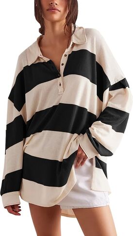Women Striped Oversized Sweatshirt Long Sleeve Button Shirt Fall Fashion Hoodies Pullover Tops in Saudi Arabia