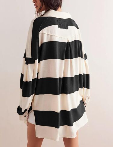 Women Striped Oversized Sweatshirt Long Sleeve Button Shirt Fall Fashion Hoodies Pullover Tops in Saudi Arabia