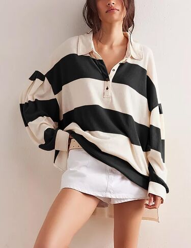 Women Striped Oversized Sweatshirt Long Sleeve Button Shirt Fall Fashion Hoodies Pullover Tops in Saudi Arabia