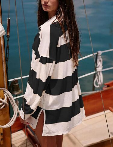 Women Striped Oversized Sweatshirt Long Sleeve Button Shirt Fall Fashion Hoodies Pullover Tops in Saudi Arabia