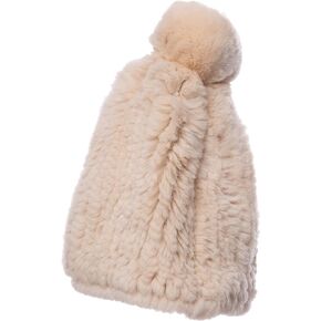 Real Fur Beanie Hat Women's Weather Rex Rabbit Fur Skull Cap with Fur Pom Fuzzy Fluffy