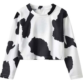 Falainetee Women's Long Sleeve Colorblock Cow Print Casual Oversized Crop Blouse Tops
