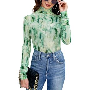 LONGBIDA Womens Long Sleeve Mock Neck Print Sexy Sheer Mesh See Through Tops Shirts