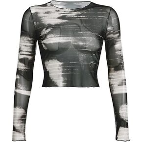 قمصان LONGBIDA النسائية بأكمام طويلة ورقبة وهمية وطباعة شبكة شفافة مثيرة شفافة من خلال القمصان العلوية in Kuwait