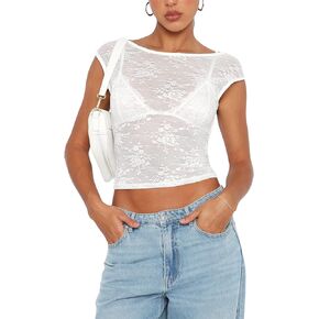 Women Short Sleeve Lace Crop Top Sexy See Through Sheer Mesh Fitted Shirt Vintage Y2K Fairy Grunge Blouse Streetwear
