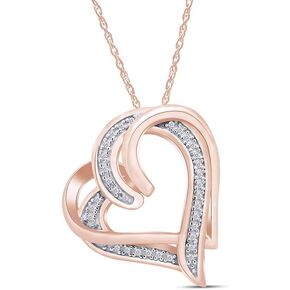 AFFY Round Cut White Natural Diamond Double Heart Pendant Necklace In 14K Gold Over Sterling Silver (0.10 cttw, I-J Color, I2-I3 Clarity) With 18" Chain
