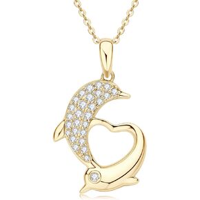 Love Heart Necklace For Women Double Dolphin Pendant Brilliant Moissanite Diamond Certificated 0.24 (ctw) Real 10k Solid Gold with 925 Sterling Silver Chain as Gift