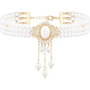 Sacina 1920s Layered Fake Pearl Choker Necklace, Pearl Choker Necklaces for Women, Teardrop Necklace, Rhinestone Necklace, Bridal Necklace, Costume Jewelry, Christmas Jewelry Gift for Women