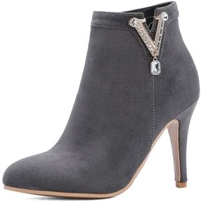 Bubumei Women's Rhinestone Decoration Nubuck Leather Pumps Zipper Pure Color Ankle Boots
