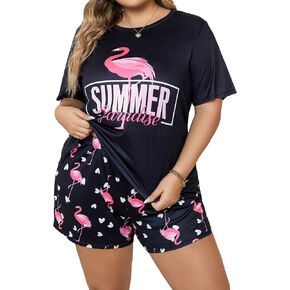 WDIRARA Women's Plus Size 2 Piece Pajama Set Cartoon Print Round Neck Short Sleeve Tee with Shorts