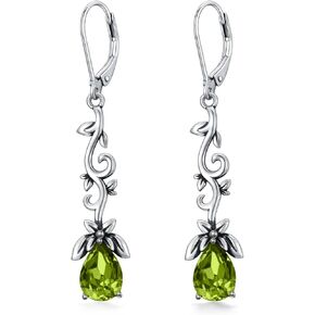 925 Sterling Silver Vintage Oxidized Branches Dangle Drop Leverback Earrings with 8 * 6mm Simulated Birthstone Crystal, Christmas Earrings Gifts for Women