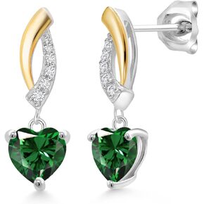 Gem Stone King 925 Sterling Silver and 10K Yellow Gold Green Nano Emerald and White Lab Grown Diamond Dangle Earrings For Women (1.47 Cttw, Heart Shape 6MM)