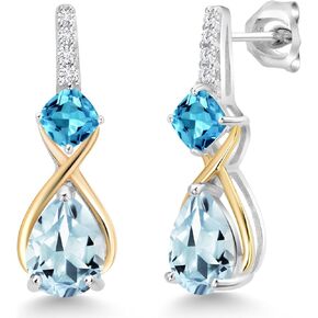 Gem Stone King 925 Sterling Silver and 10K Yellow Gold Pear Shape Sky Blue Aquamarine Swiss Blue Topaz and White Lab Grown Diamond Dangle Earrings For Women (2.59 Cttw, Pear Shape 8X6MM)