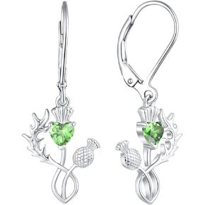 JO WISDOM Scottish Thistle Earrings,925 Sterling Silver Scotland Flower Heart Outlander Drop & Dangle Earrings with 3A CZ Birthstone,Jewelry for Women