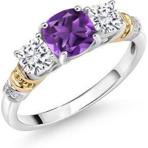 925 Silver and 10K Yellow Gold Purple Amethyst and White Moissanite and Diamond 3-Stone Ring For Women (1.64 Cttw, Gemstone February Birthstone, Cushion 6MM and 4MM, Available in Size 5,6,7,8,9) in Saudi Arabia