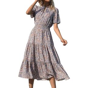 BTFBM Women's 2024 Summer Casual Boho Dress Floral Print Tie V Neck Short Sleeve Elastic Waist A-Line Midi Beach Dresses