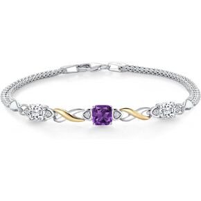925 Silver and 10K Yellow Gold Purple Amethyst and White Moissanite and White Lab Grown Diamond Bracelet For Women (2.32 Cttw, February Birthstone, Cushion 6MM , 6.5/7/7.5 Inch, Made in Italy)