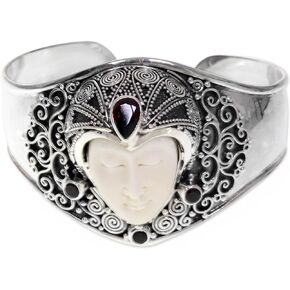 NOVICA Artisan Handmade Garnet Cuff Bracelet Carved Bone Silver with Garnets Sterling Red Indonesia Birthstone 'Jungle Princess'