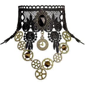 Qrettie Choker Necklace for Steampunk Halloween Punk Costume Party Retro Gear Clock Cog Women Gothic Black Lace Necklaces Halloween Lolita Victorian Steam Punk Choker Pendant