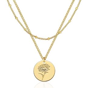 WEARON Birth Flower Necklace 18K Gold Plated Dainty Birth Month Flower Layered Pendant Necklace Bead Choker Necklace for Women