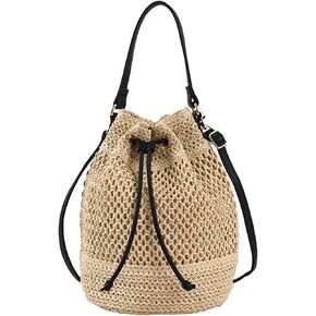 Orgonite Bucket Straw Handbag, Handmade Tote Bag with Pearl Flower, Beach Woven Bag Rattan Basket Purse Drawstring for Women…