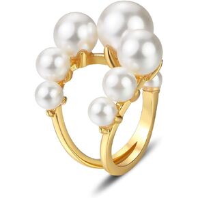 ailov Large Golden Statement Pearl Ring Wide Cocktail Open Adjustable Ring June Birth Stone Friendship Jewelry