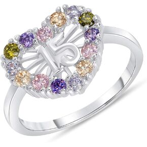 Jewelry by Debbie 925 Sterling Silver Sweet 15 Multi-Color Cz Quinceanera Heart Ring Rhodium Plated