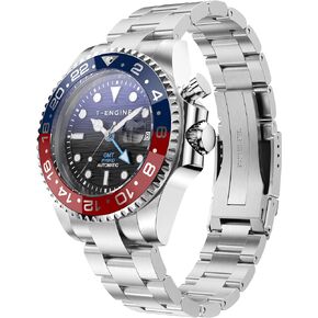 T-ENGINE GMT Watches for Men with 10 ATM Waterproof, Dual Time Track Automatic Charged GMT Watch, Stainless Steel 43mm Quartz Watch for Men